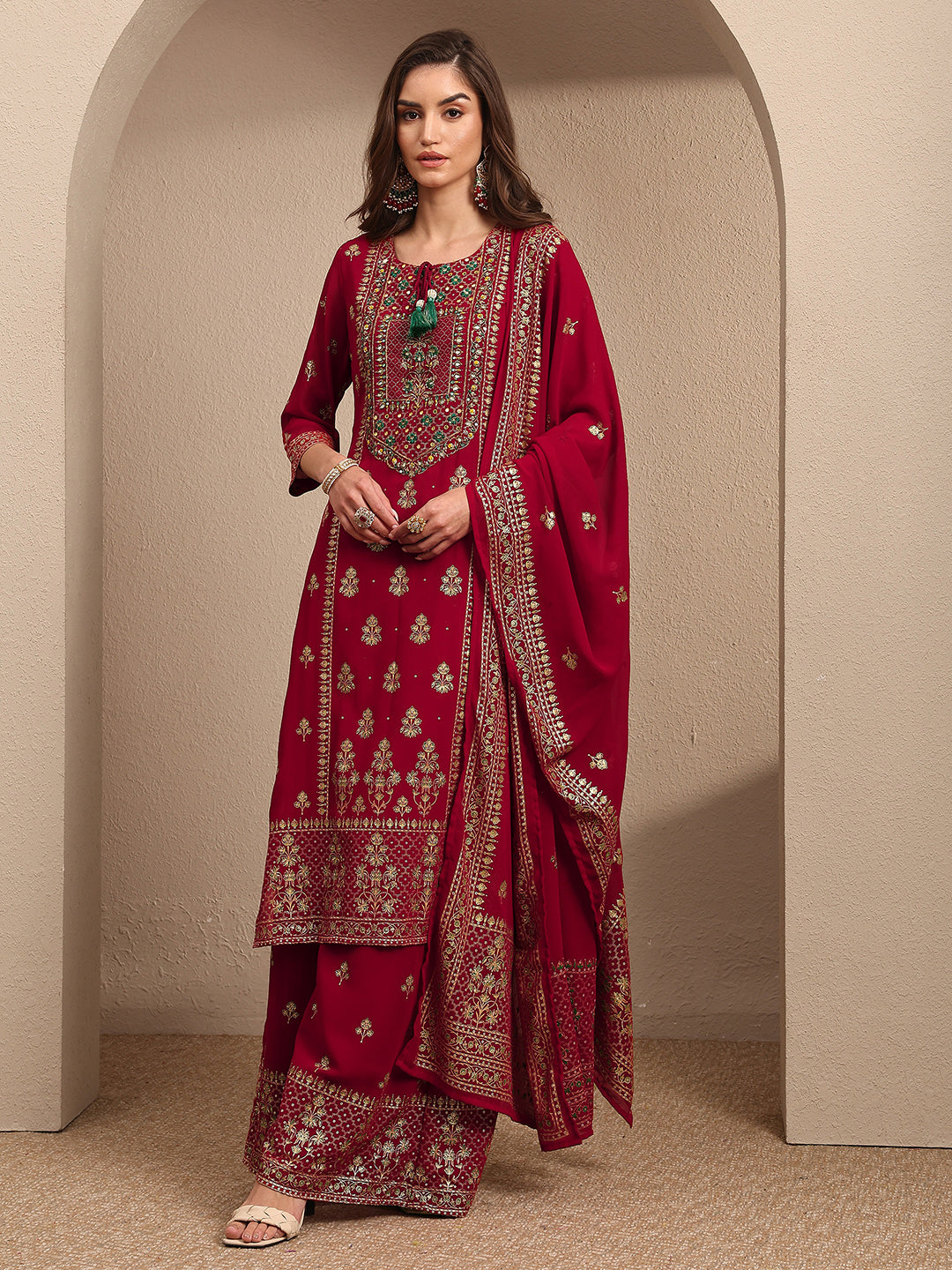 sanjhshringar Red Embroidered Georgette Straight Suit Set With Dupatta