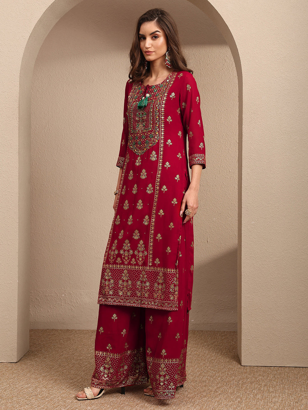 sanjhshringar Red Embroidered Georgette Straight Suit Set With Dupatta