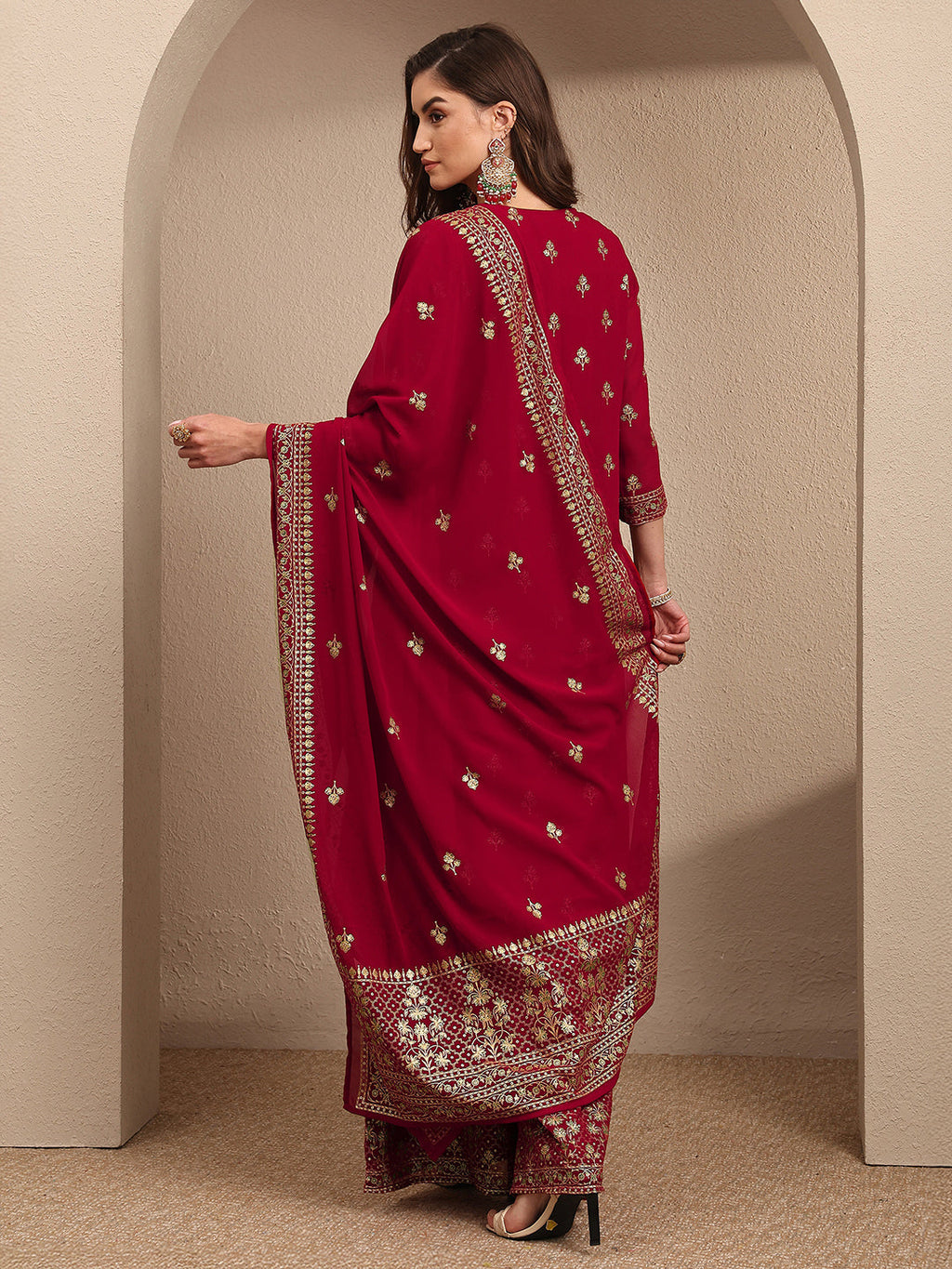 sanjhshringar Red Embroidered Georgette Straight Suit Set With Dupatta