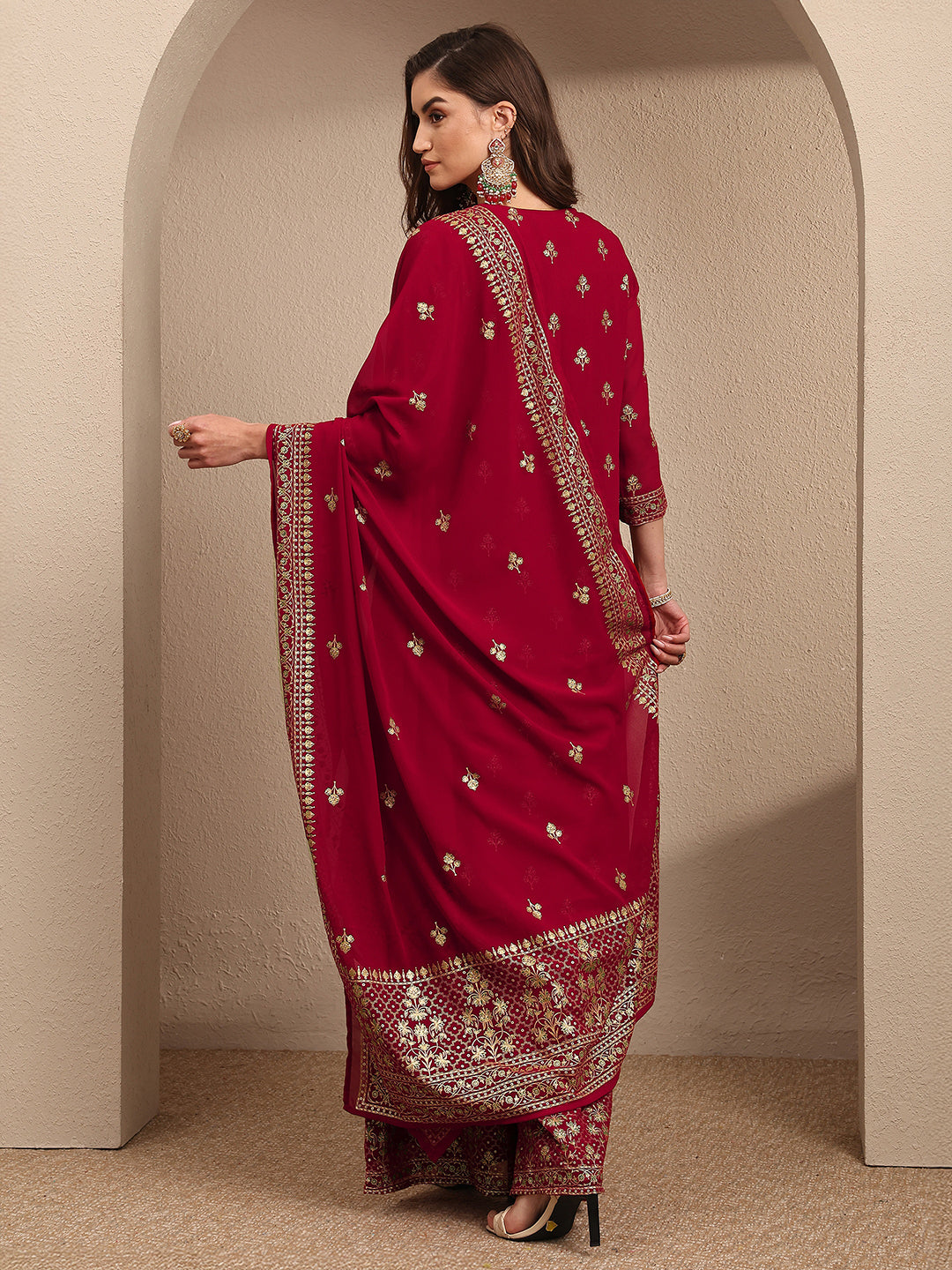 sanjhshringar Red Embroidered Georgette Straight Suit Set With Dupatta