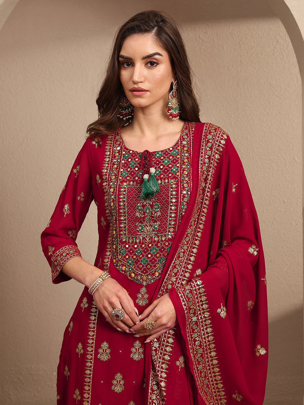 sanjhshringar Red Embroidered Georgette Straight Suit Set With Dupatta