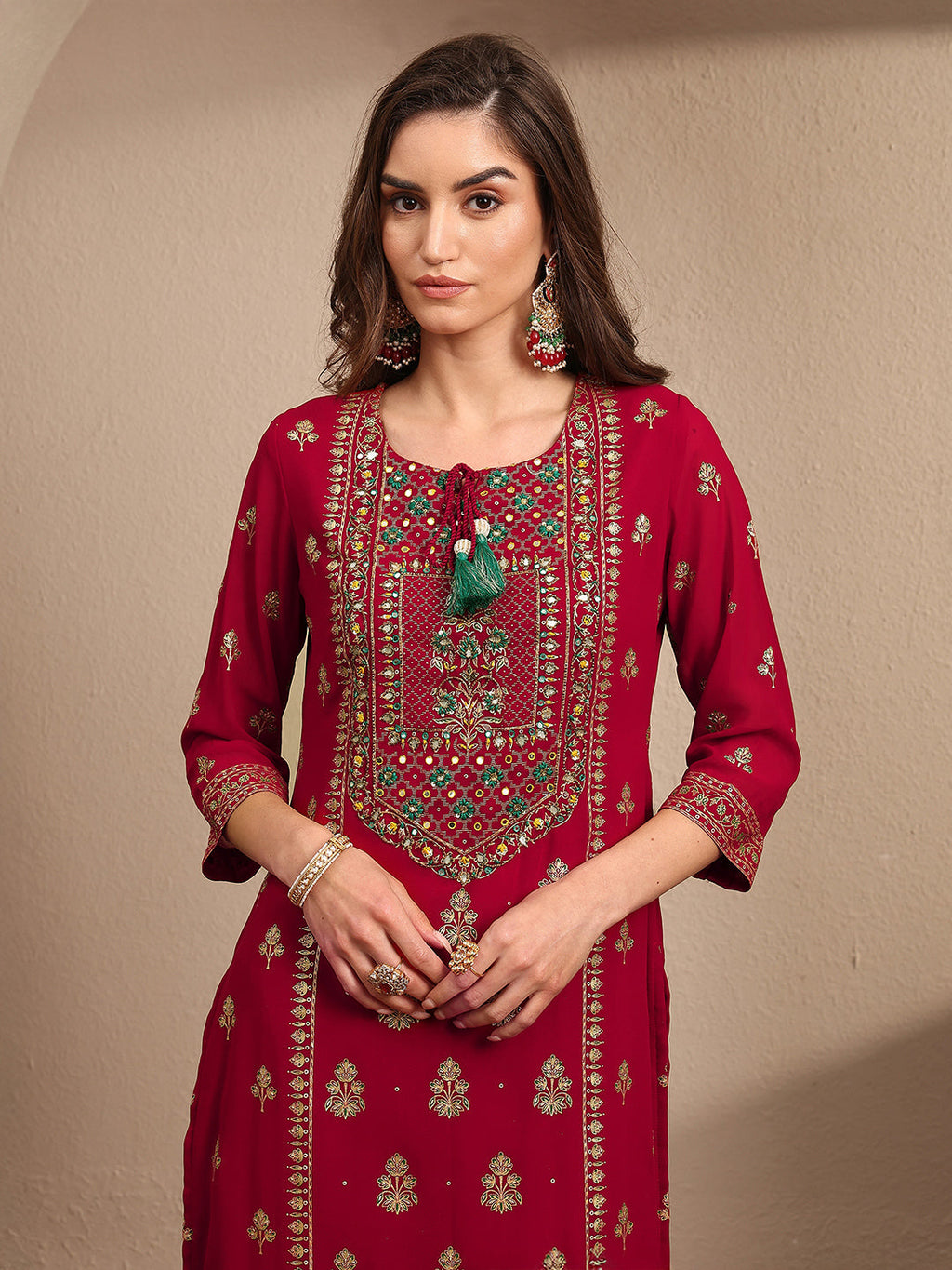 sanjhshringar Red Embroidered Georgette Straight Suit Set With Dupatta