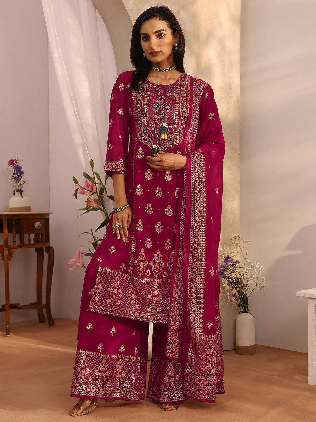 sanjhshringar Pink Embroidered Georgette Straight Suit Set With Dupatta