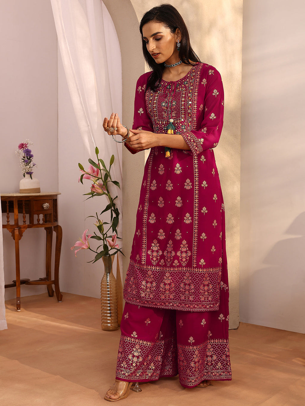 sanjhshringar Pink Embroidered Georgette Straight Suit Set With Dupatta