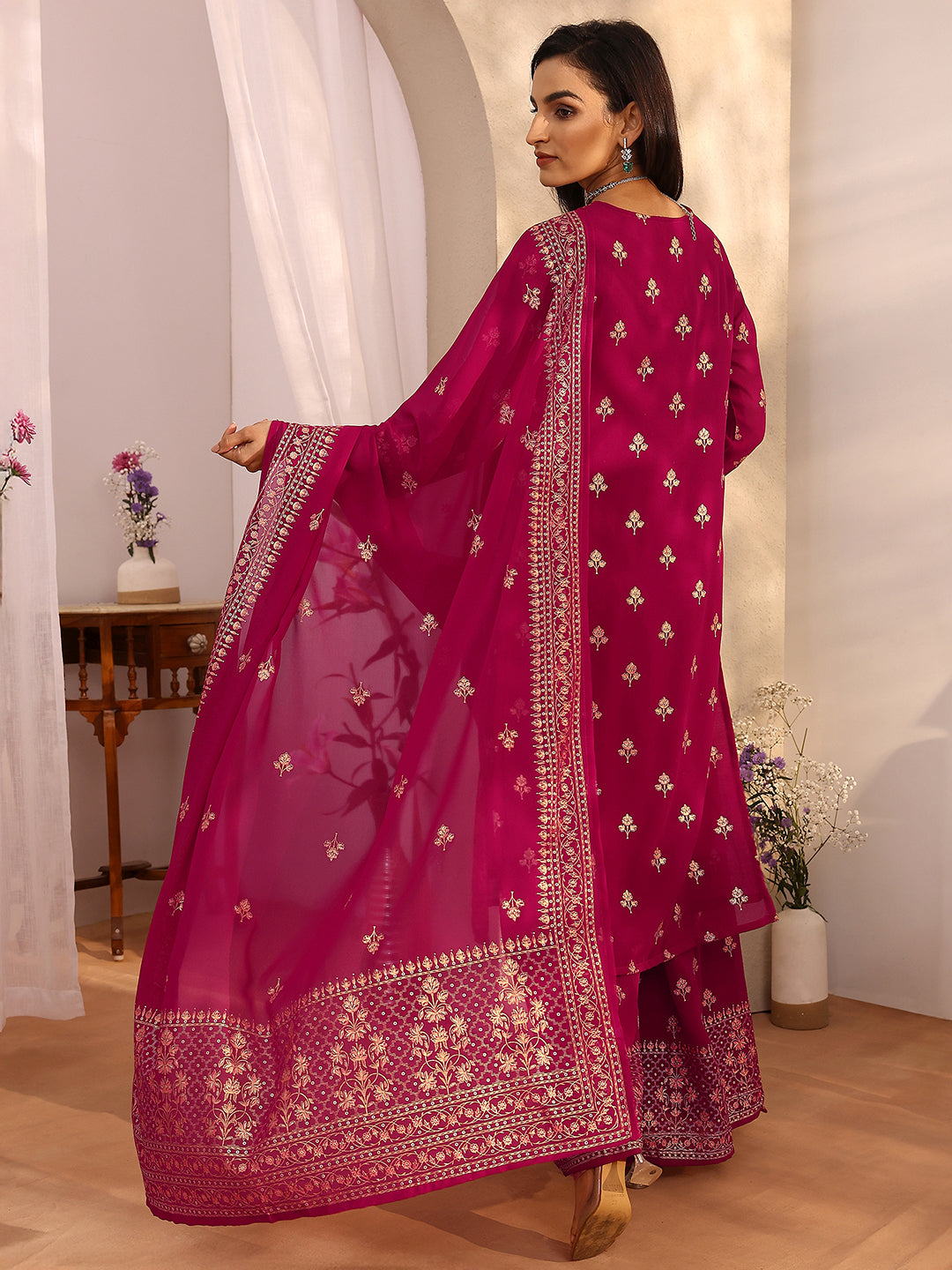 sanjhshringar Pink Embroidered Georgette Straight Suit Set With Dupatta