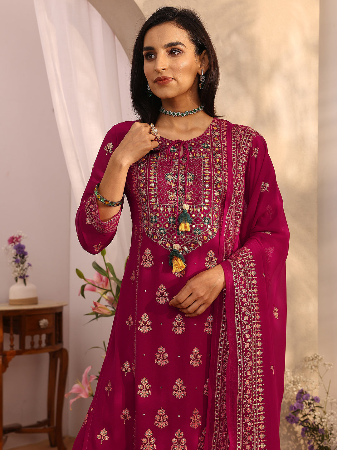 sanjhshringar Pink Embroidered Georgette Straight Suit Set With Dupatta