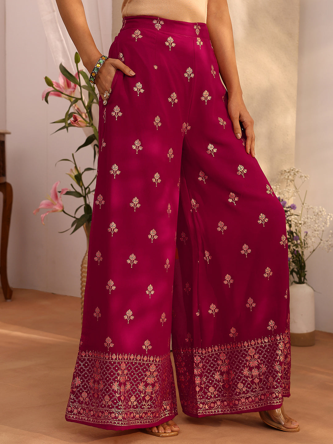 sanjhshringar Pink Embroidered Georgette Straight Suit Set With Dupatta