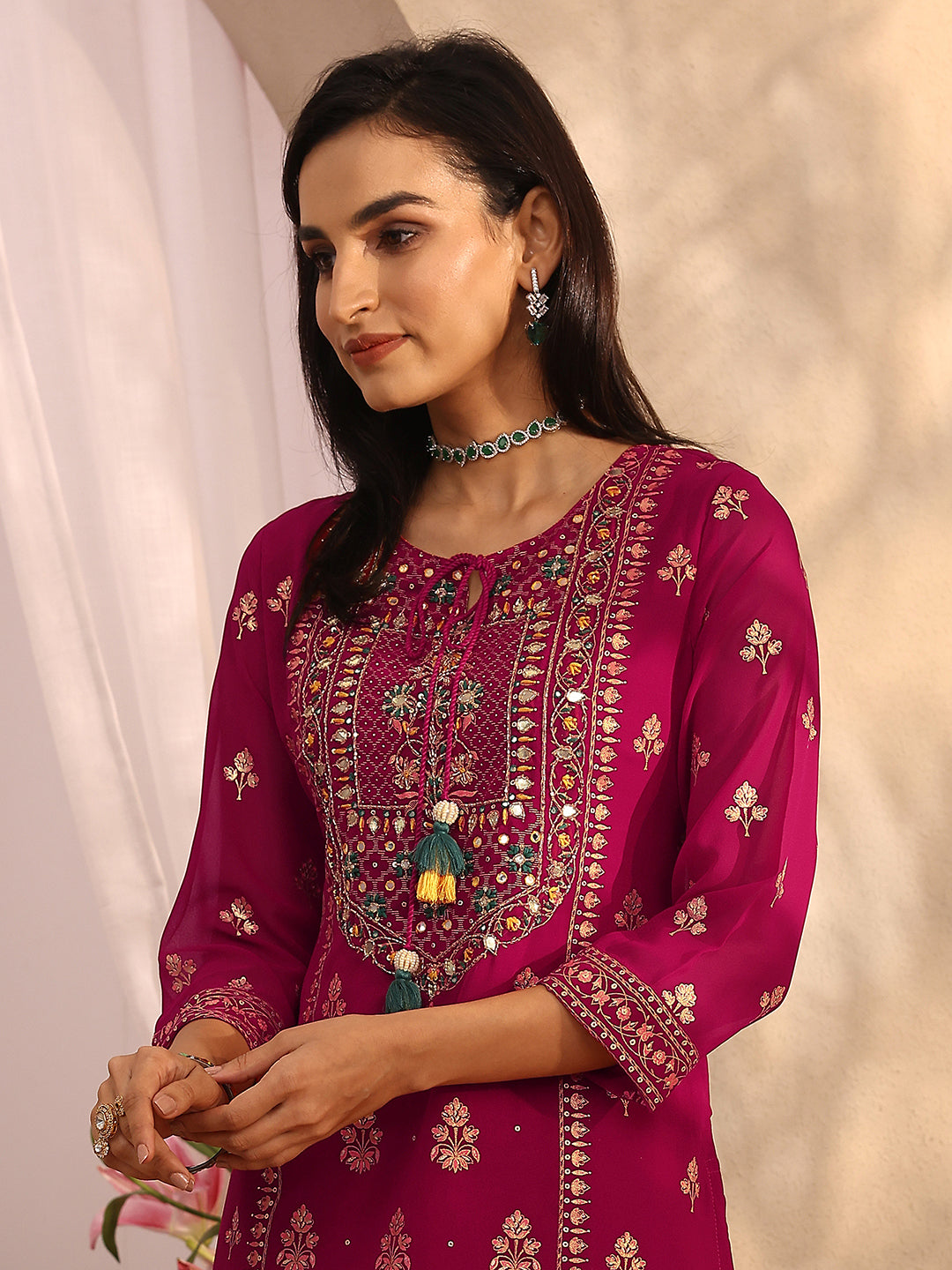 sanjhshringar Pink Embroidered Georgette Straight Suit Set With Dupatta