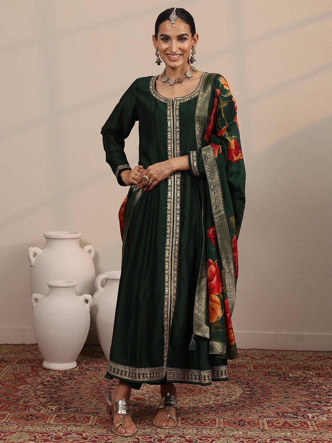 sanjhshringar Green Embroidered Silk Blend  A-Line Suit Set With Dupatta