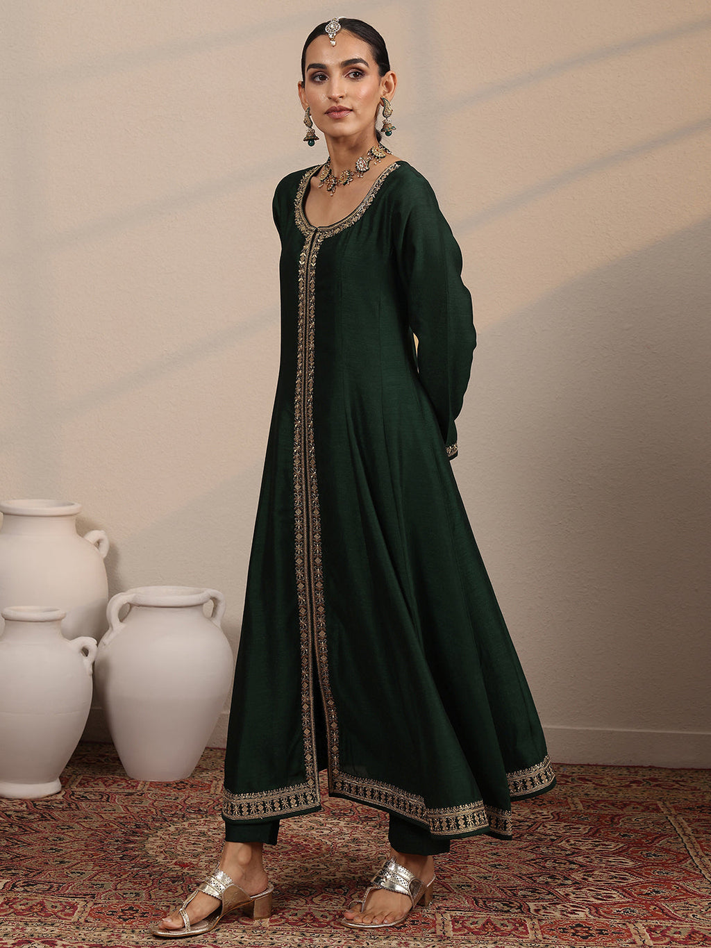 sanjhshringar Green Embroidered Silk Blend  A-Line Suit Set With Dupatta