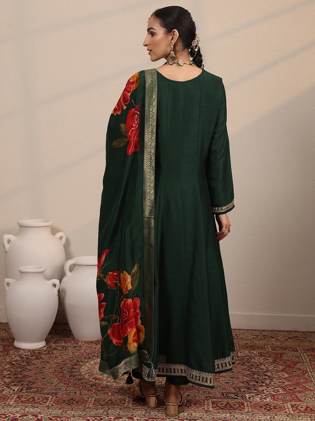 sanjhshringar Green Embroidered Silk Blend  A-Line Suit Set With Dupatta