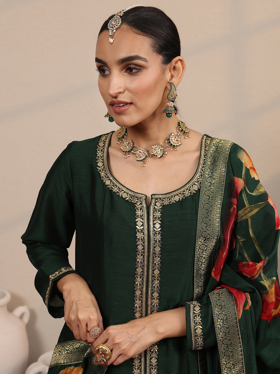 sanjhshringar Green Embroidered Silk Blend  A-Line Suit Set With Dupatta