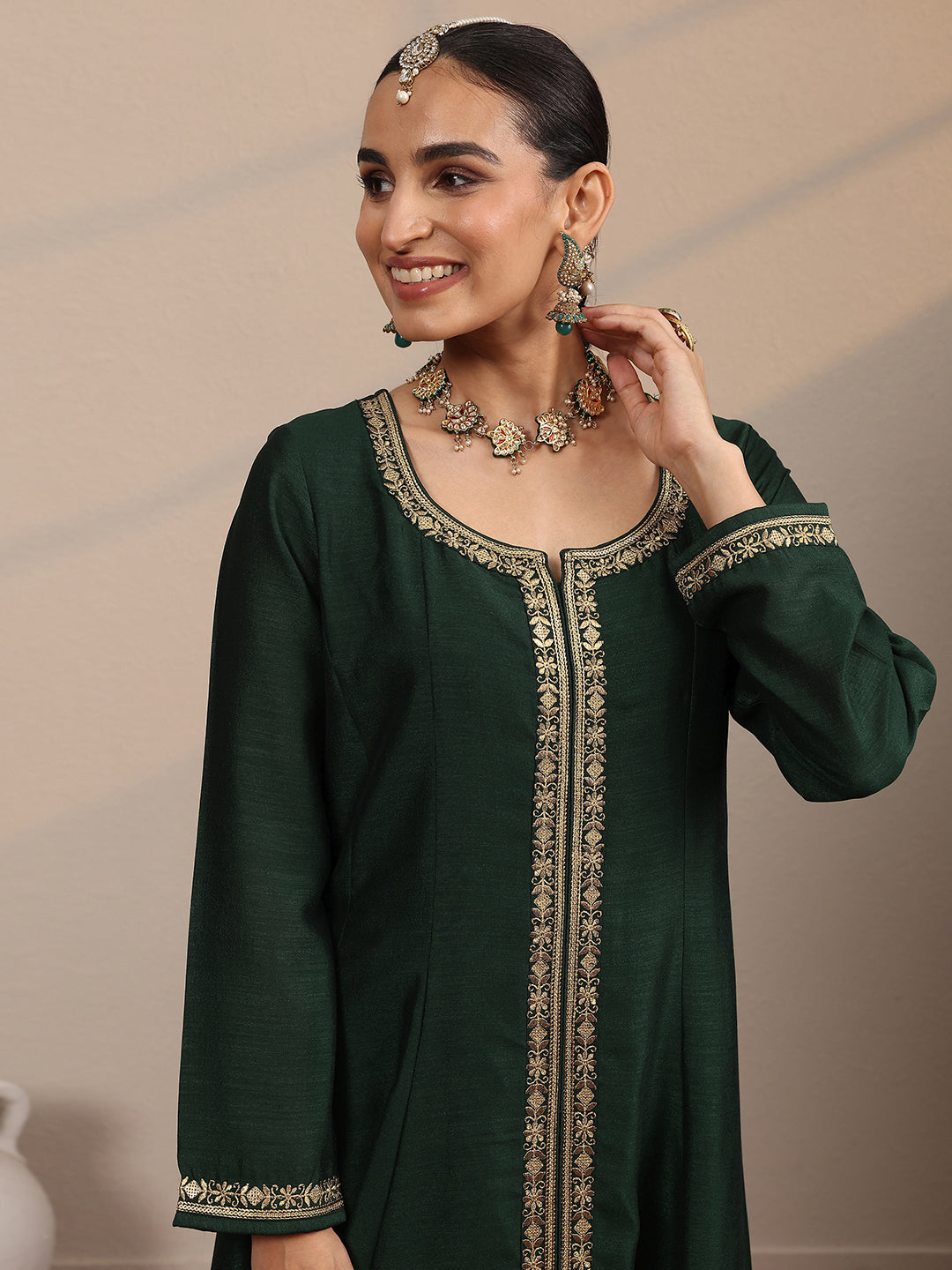 sanjhshringar Green Embroidered Silk Blend  A-Line Suit Set With Dupatta
