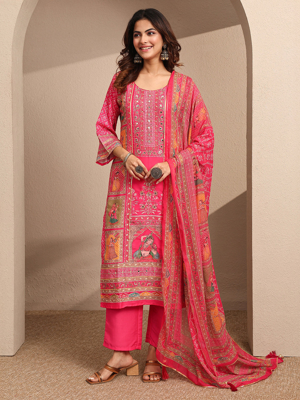 sanjhshringar Pink Printed Silk blend Straight Suit Set With Dupatta