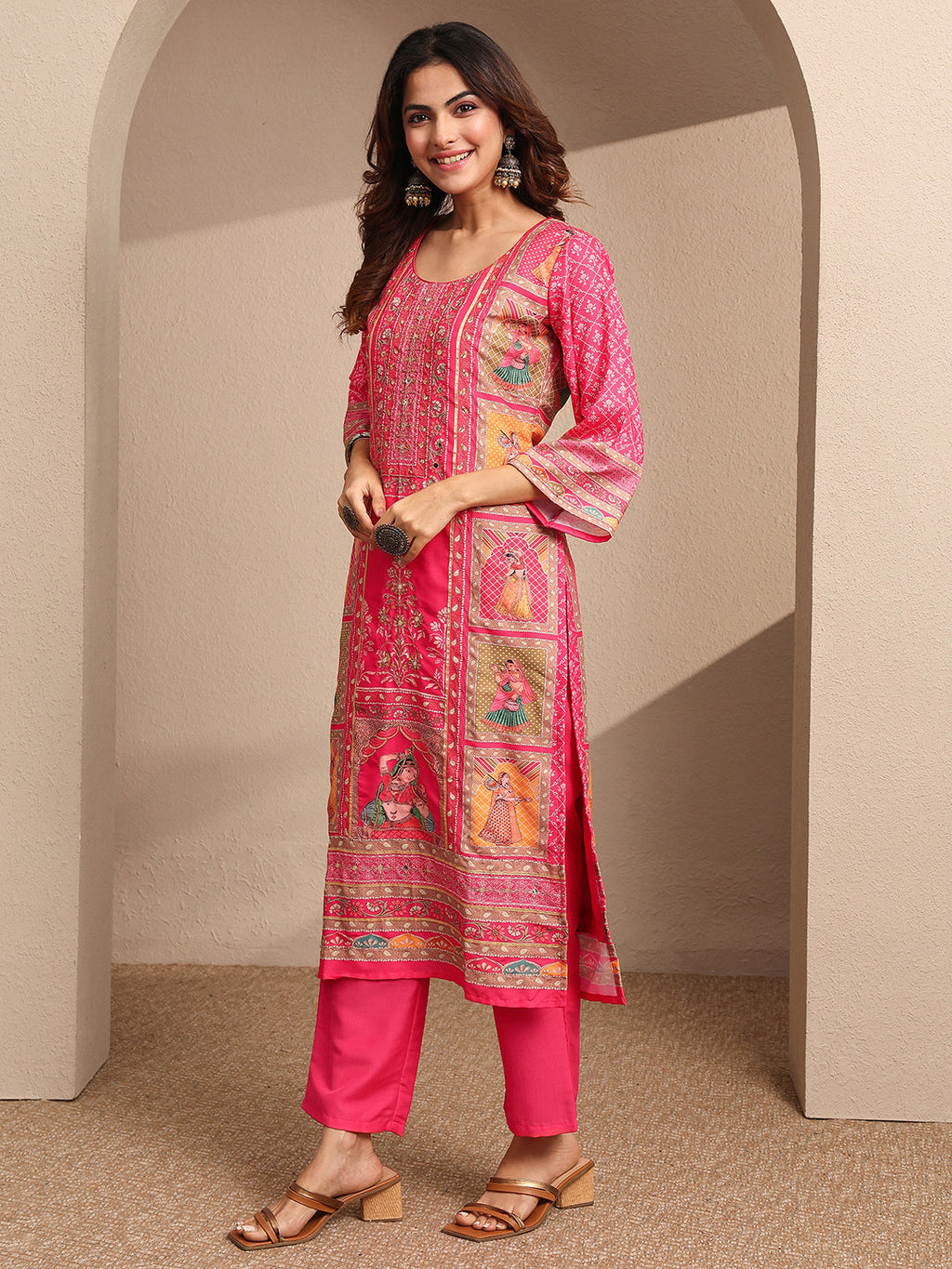sanjhshringar Pink Printed Silk blend Straight Suit Set With Dupatta
