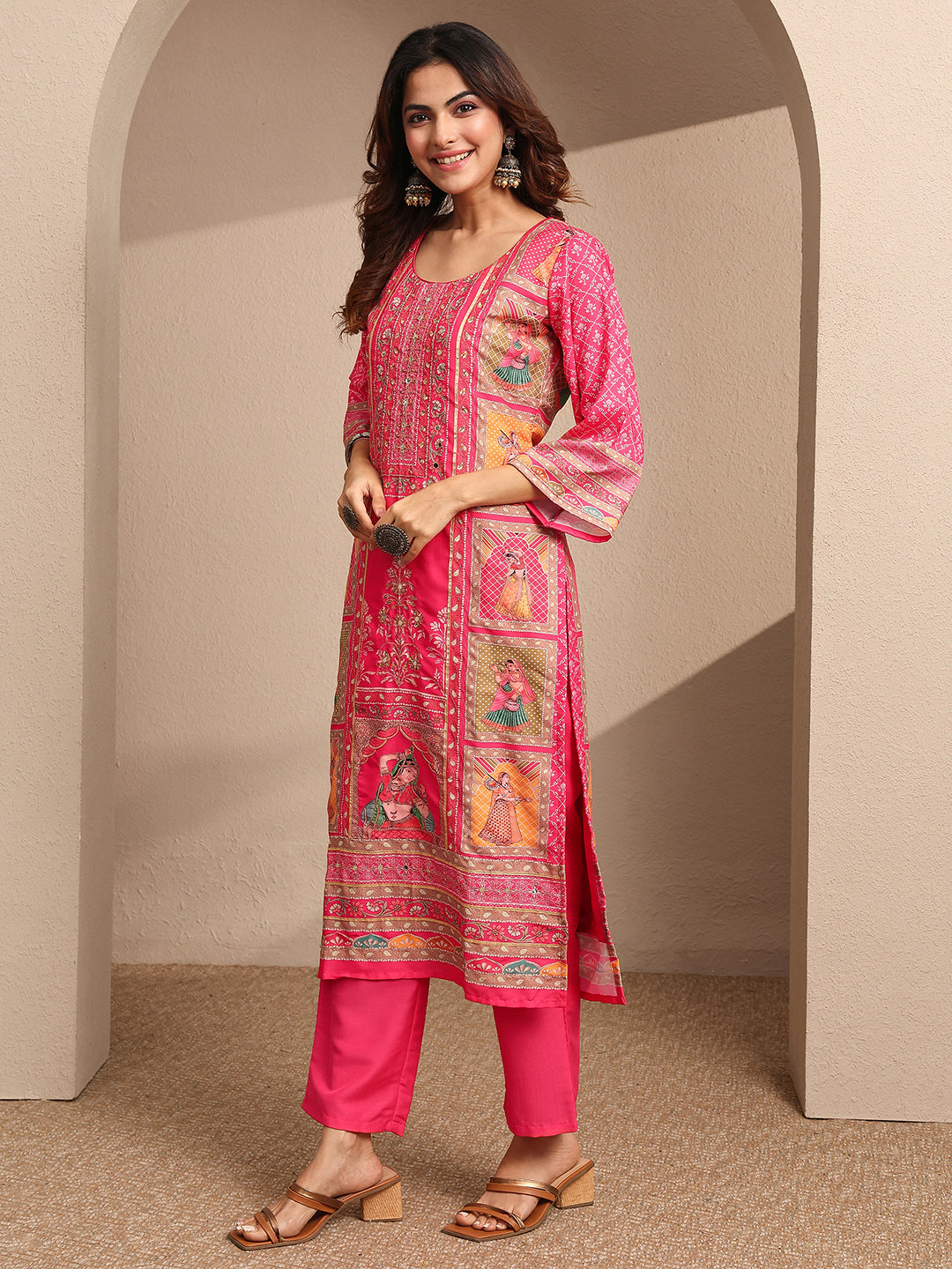 sanjhshringar Pink Printed Silk blend Straight Suit Set With Dupatta