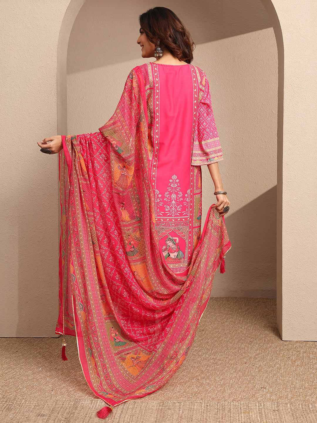 sanjhshringar Pink Printed Silk blend Straight Suit Set With Dupatta