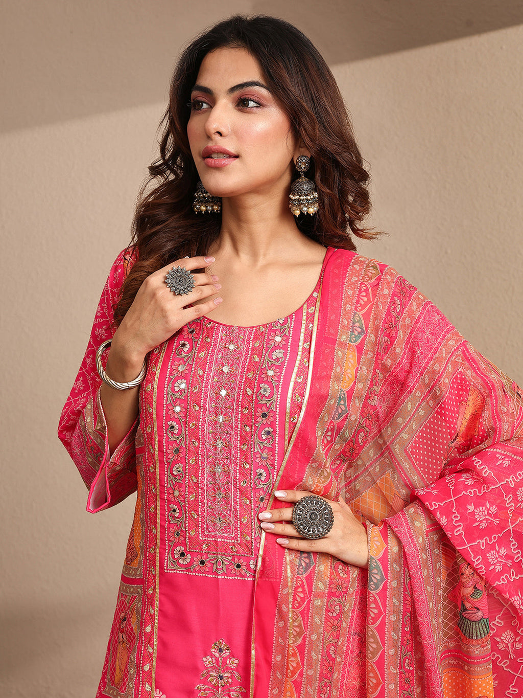 sanjhshringar Pink Printed Silk blend Straight Suit Set With Dupatta