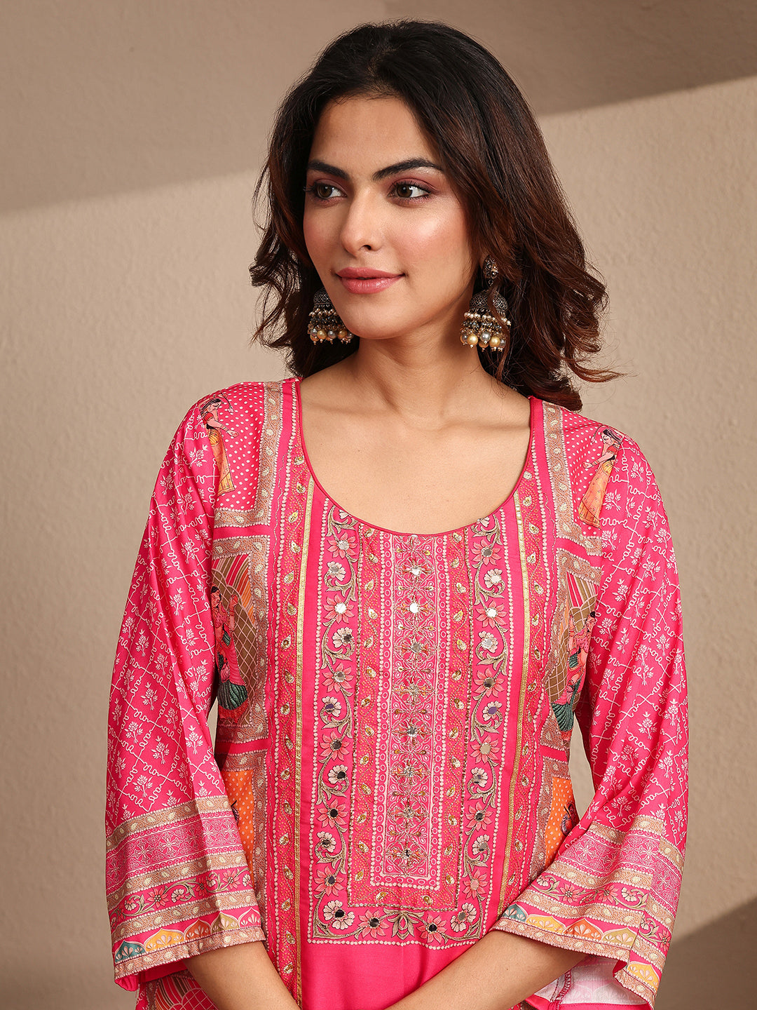 sanjhshringar Pink Printed Silk blend Straight Suit Set With Dupatta