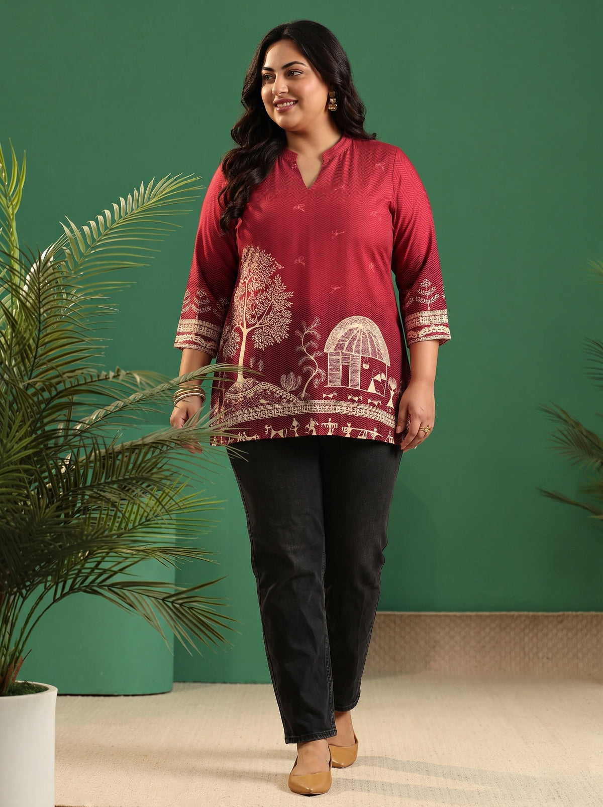 Plus Size Maroon Red Warli Print Muslin Straight Short Kurti