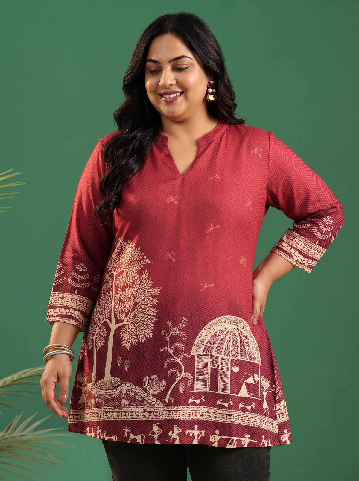 Plus Size Maroon Red Warli Print Muslin Straight Short Kurti