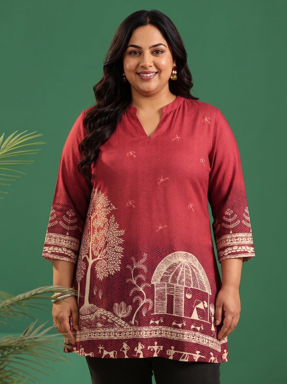 Plus Size Maroon Red Warli Print Muslin Straight Short Kurti