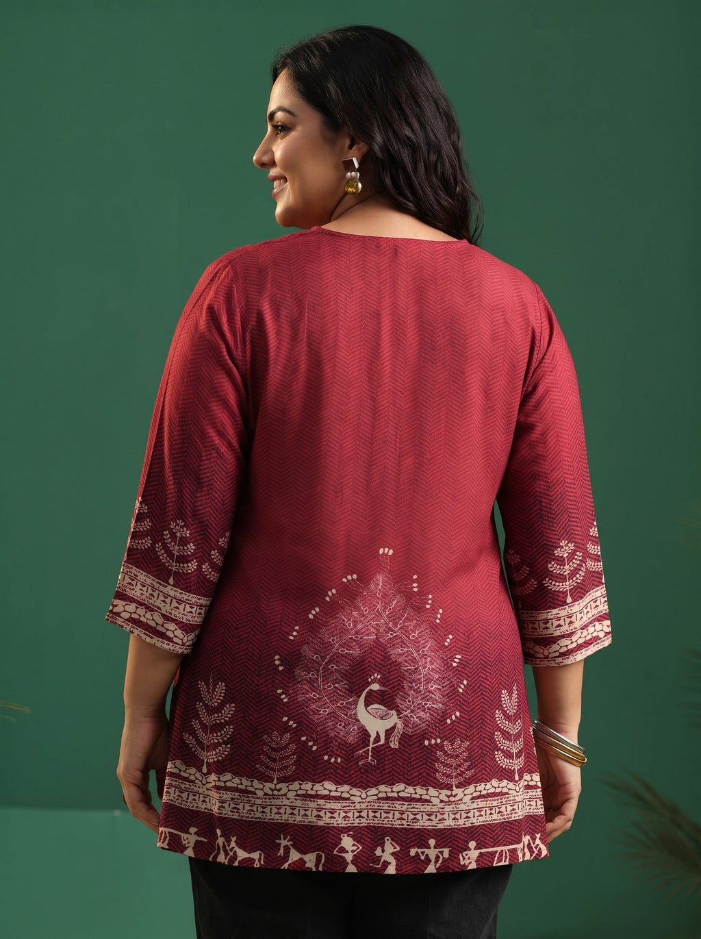 Plus Size Maroon Red Warli Print Muslin Straight Short Kurti