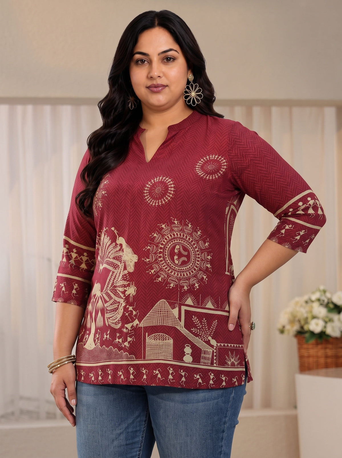 Plus Size Maroon Tribal Printed Straight Short Kurti