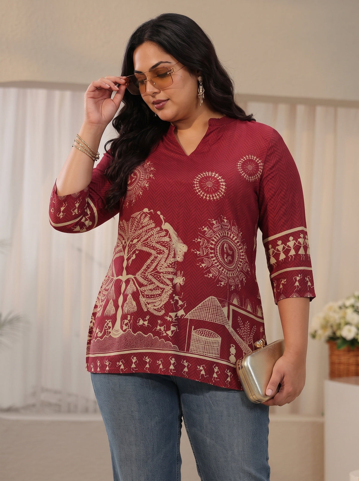 Plus Size Maroon Tribal Printed Straight Short Kurti