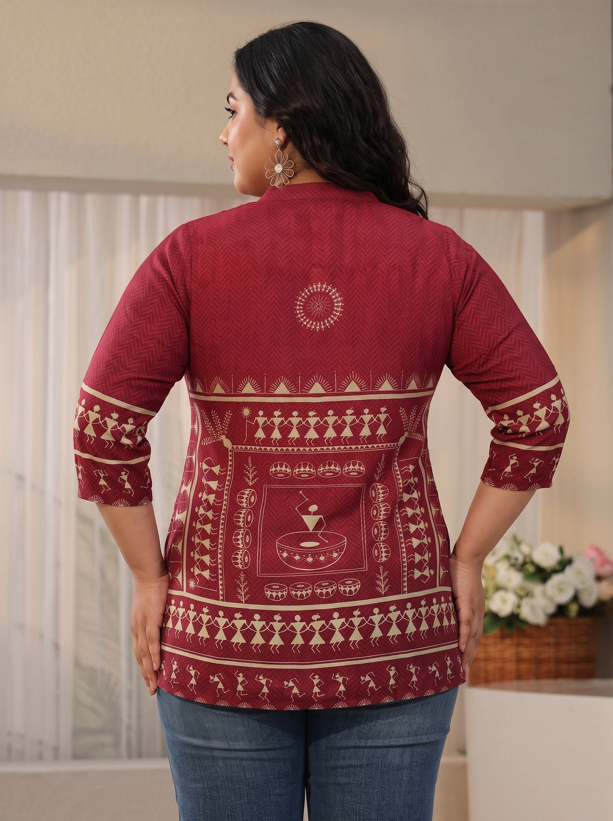 Plus Size Maroon Tribal Printed Straight Short Kurti