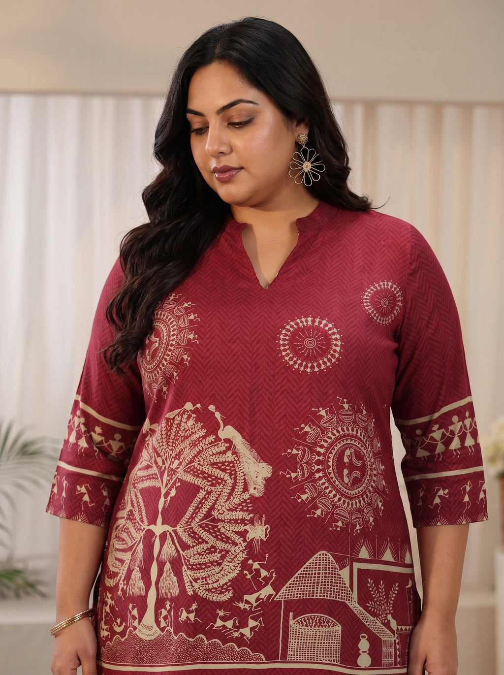 Plus Size Maroon Tribal Printed Straight Short Kurti