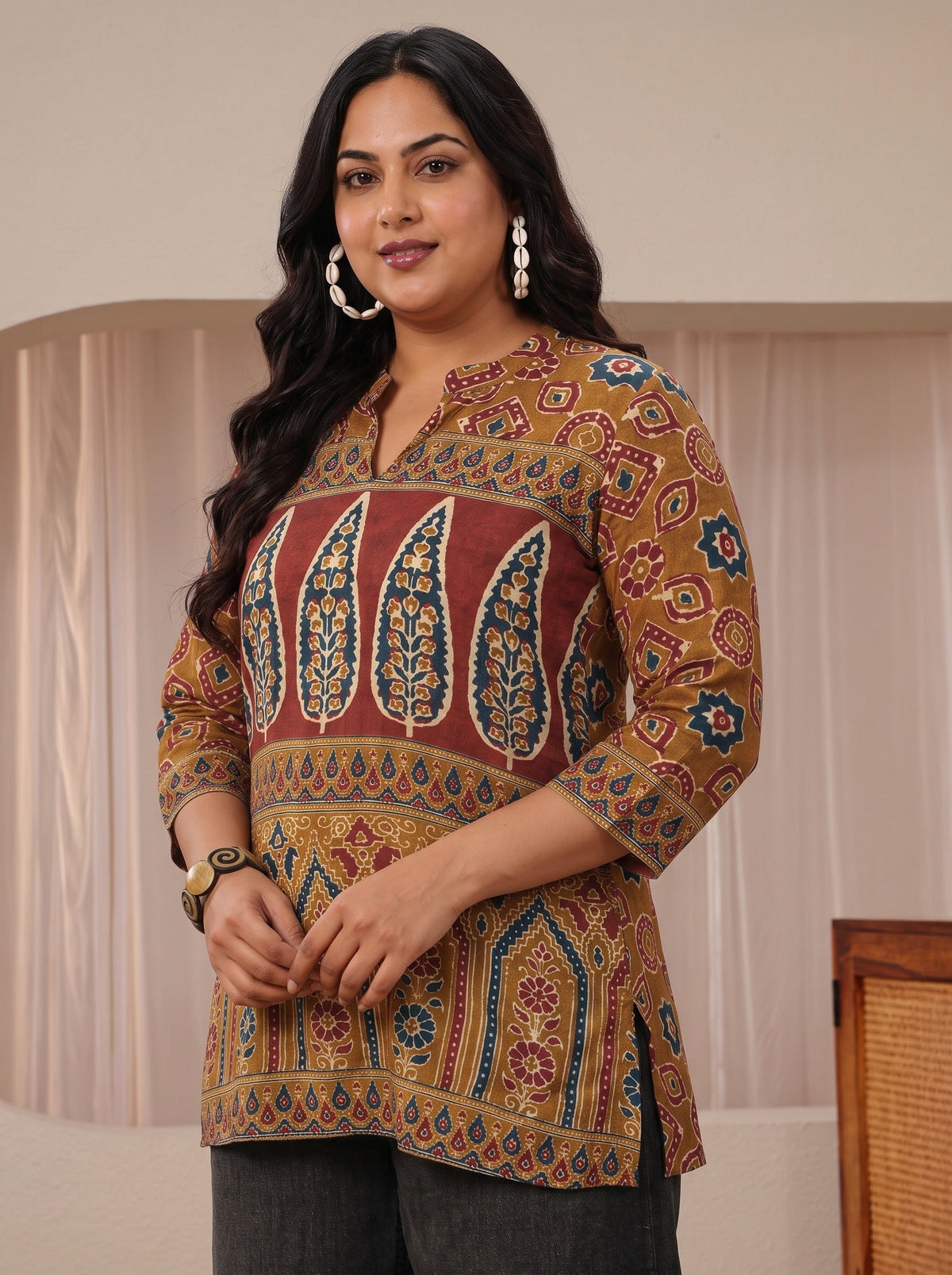 Plus Size Brown Multi Printed Muslin Straight Short Kurti