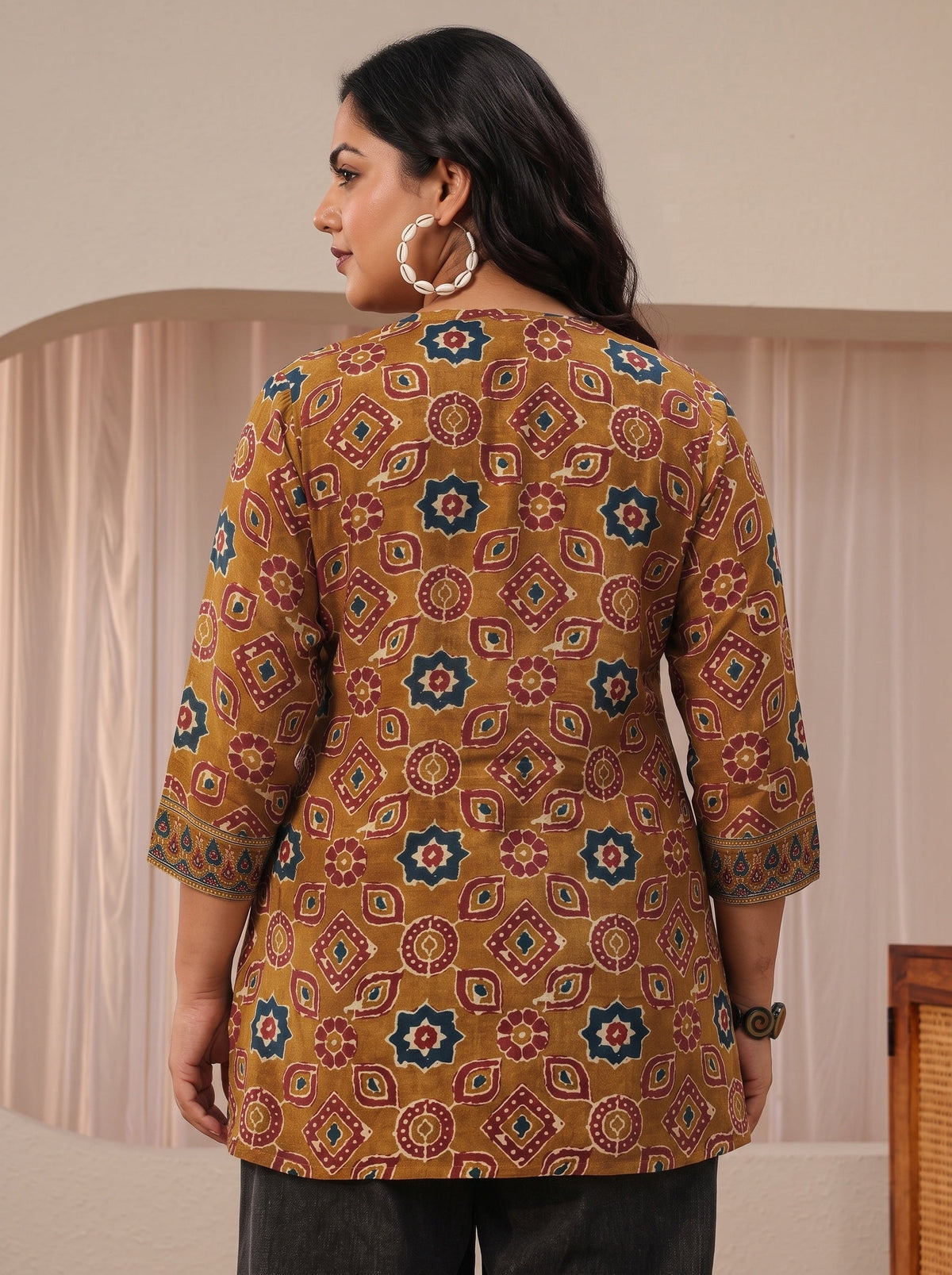 Plus Size Brown Multi Printed Muslin Straight Short Kurti