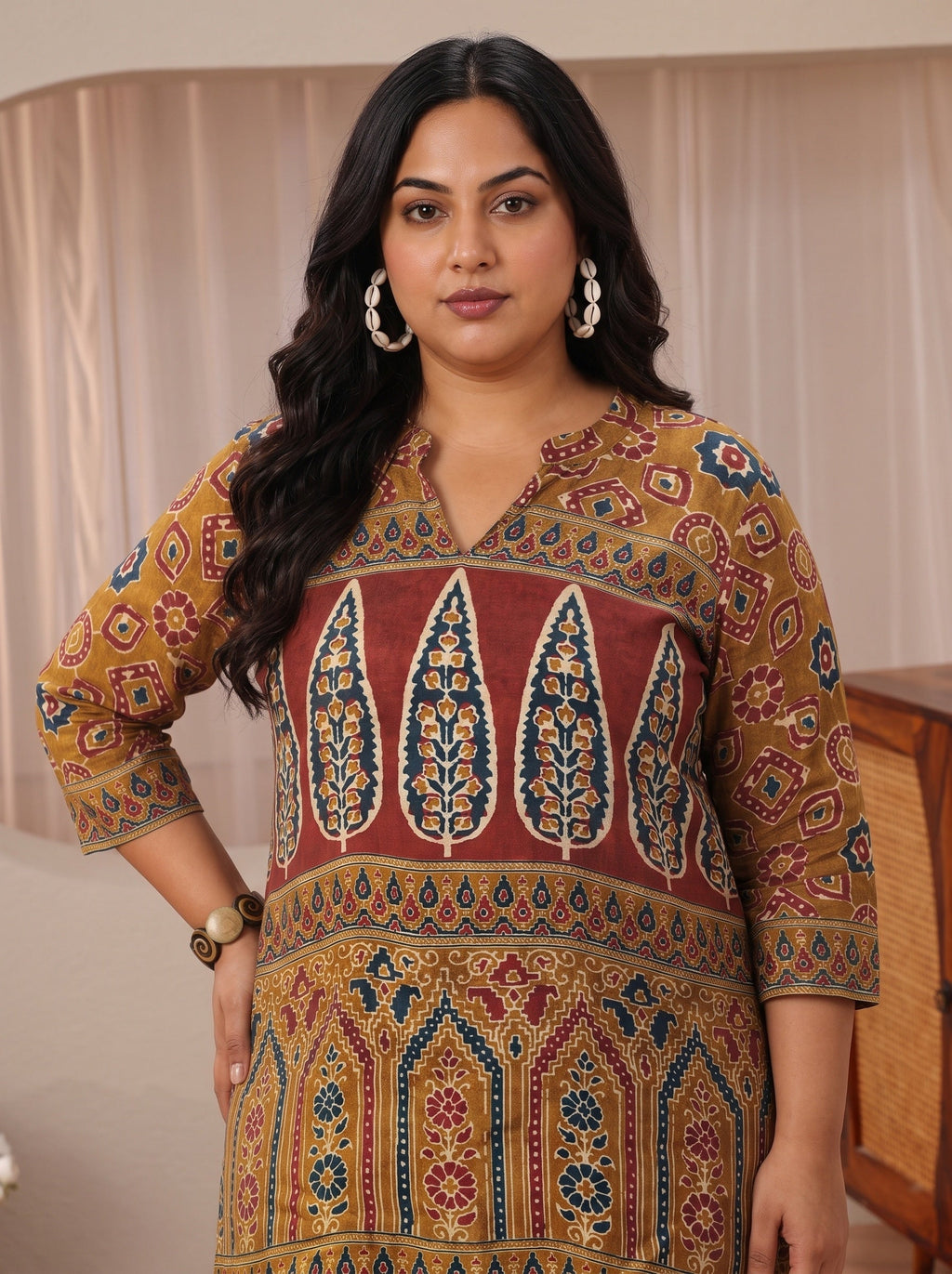 Plus Size Brown Multi Printed Muslin Straight Short Kurti