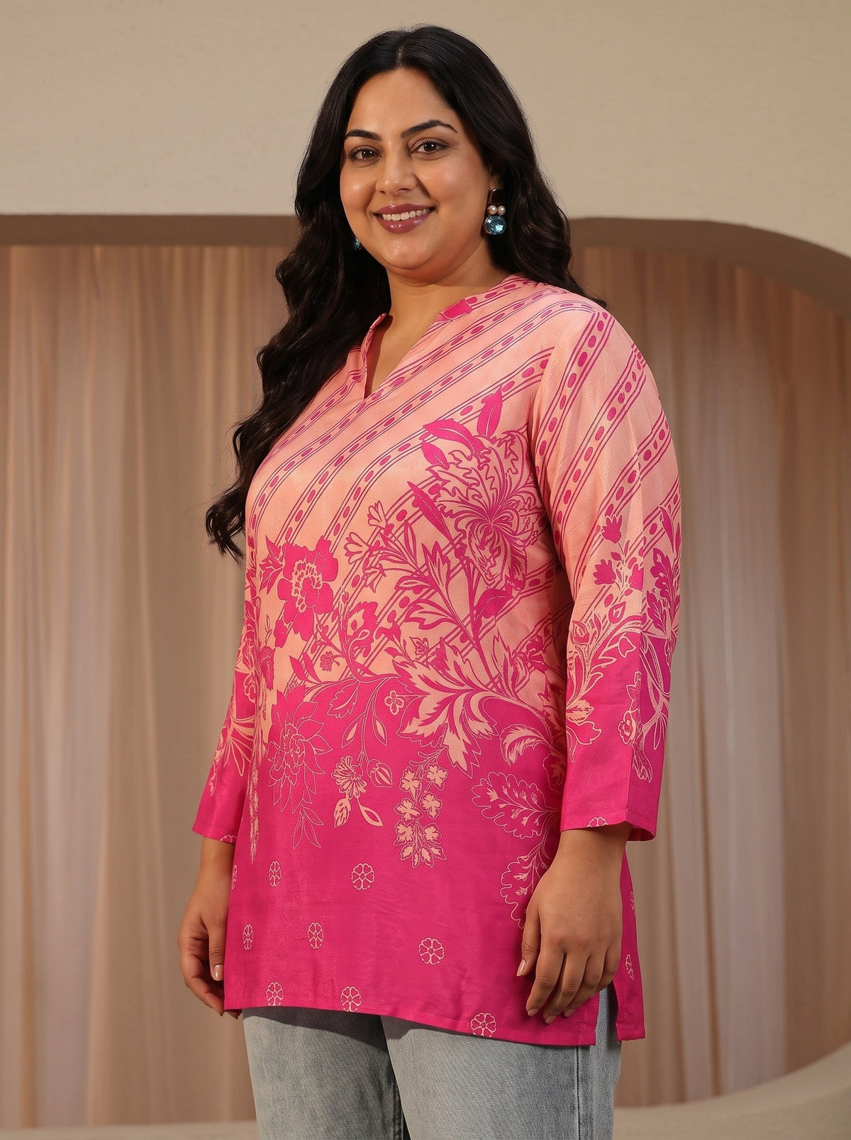 Plus Size Fuchsia Pink Printed Muslin Straight Short Kurti