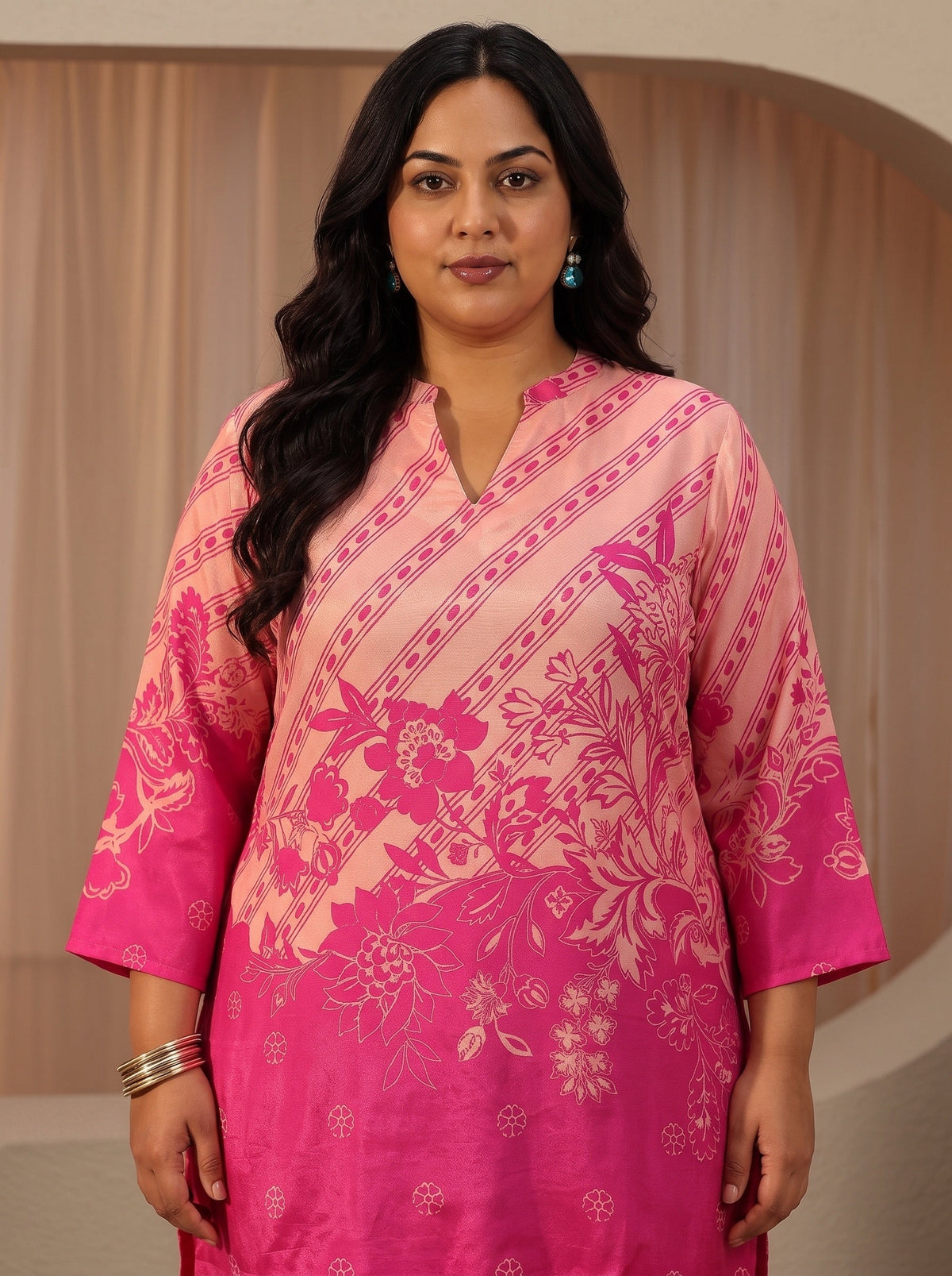 Plus Size Fuchsia Pink Printed Muslin Straight Short Kurti