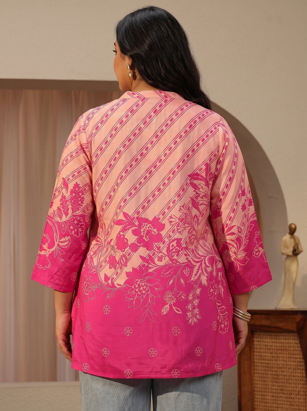Plus Size Fuchsia Pink Printed Muslin Straight Short Kurti