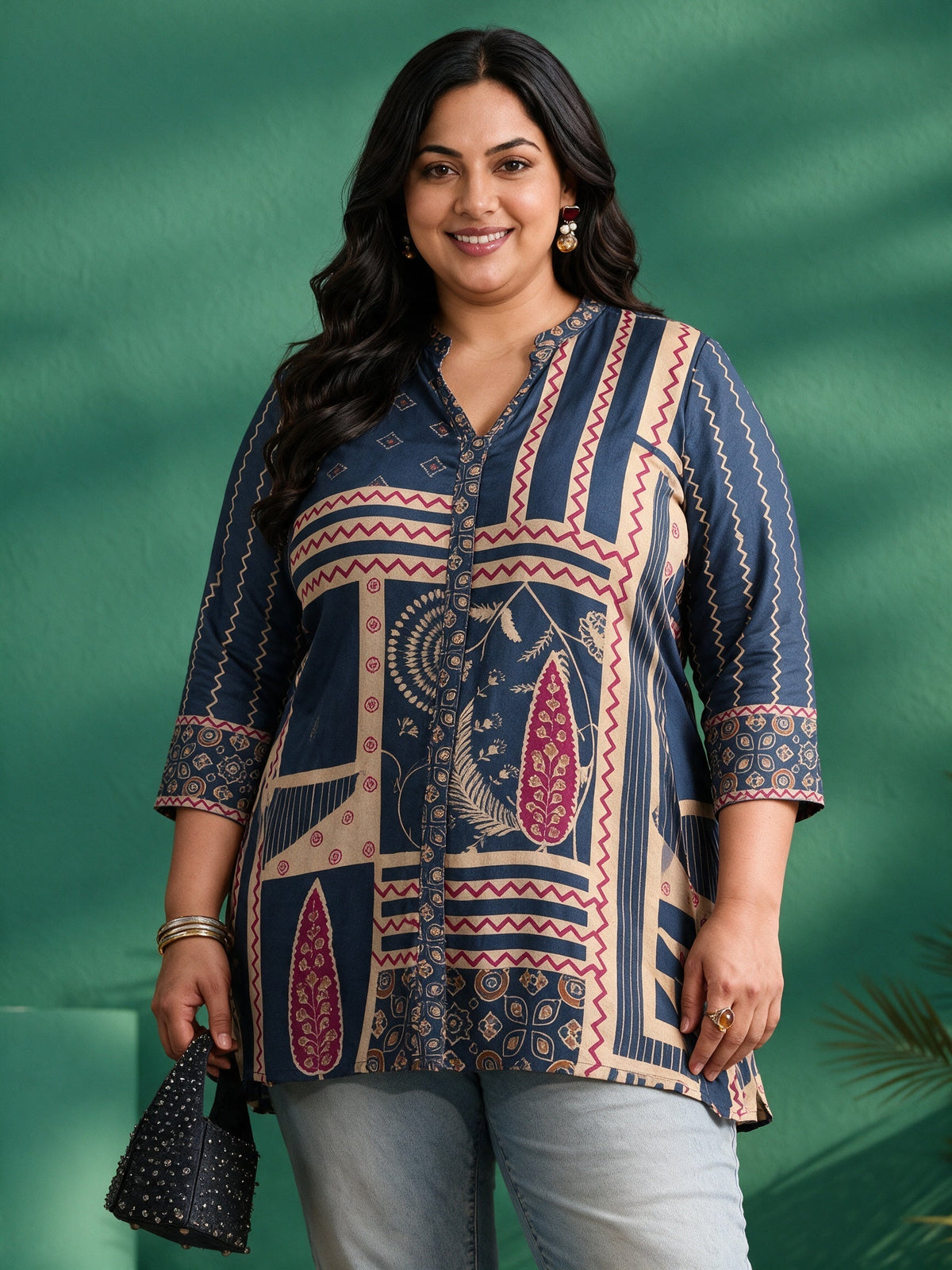Plus Size Teal Blue Printed Muslin Short Kurti