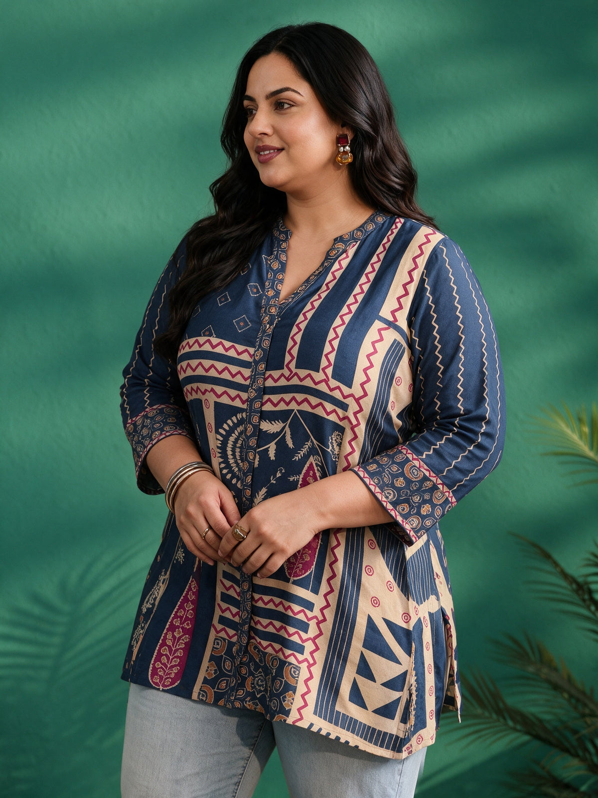 Plus Size Teal Blue Printed Muslin Short Kurti