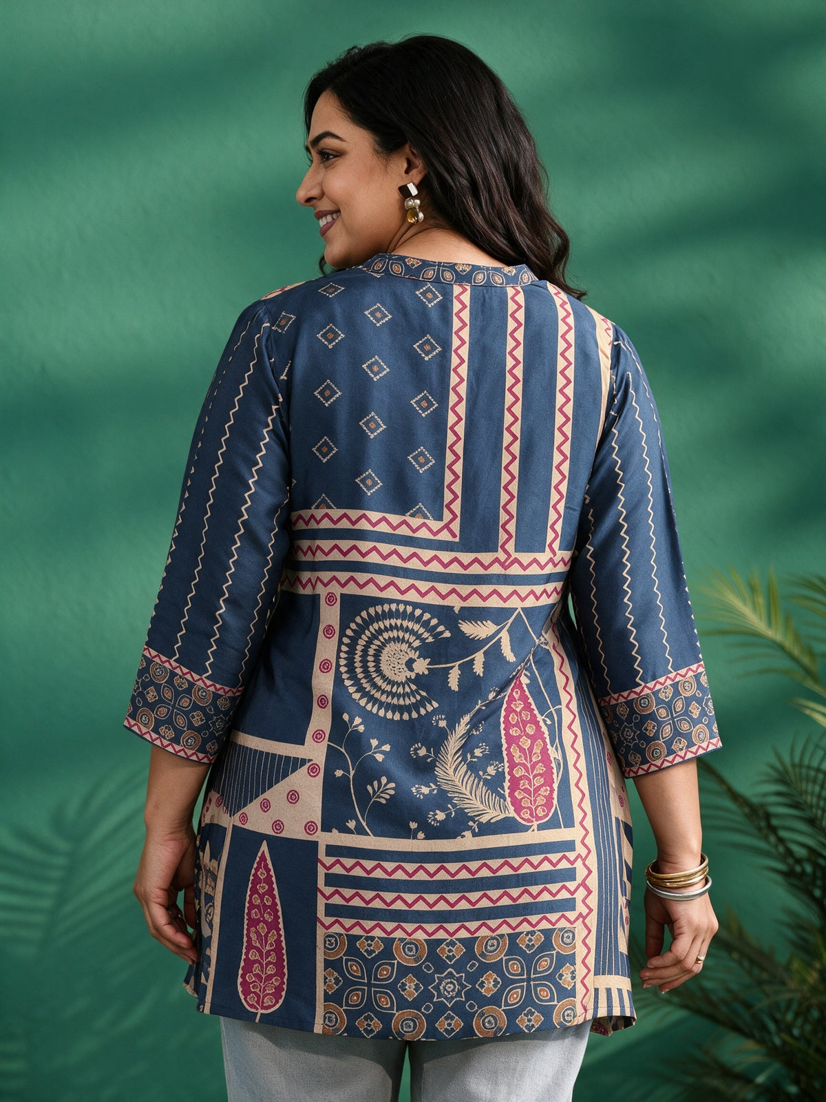 Plus Size Teal Blue Printed Muslin Short Kurti