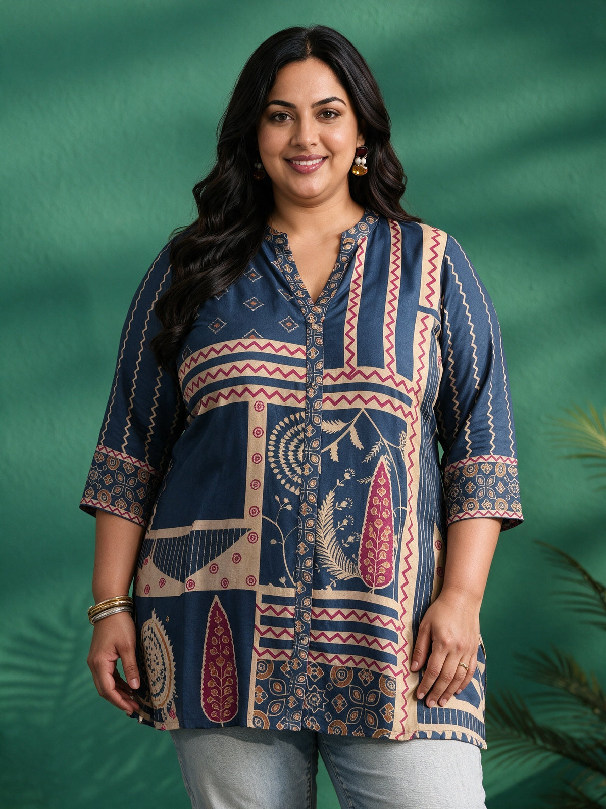 Plus Size Teal Blue Printed Muslin Short Kurti