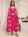sanjhshringar Art Pink Woven Design Silk Blend A-Line Suit Set With Dupatta