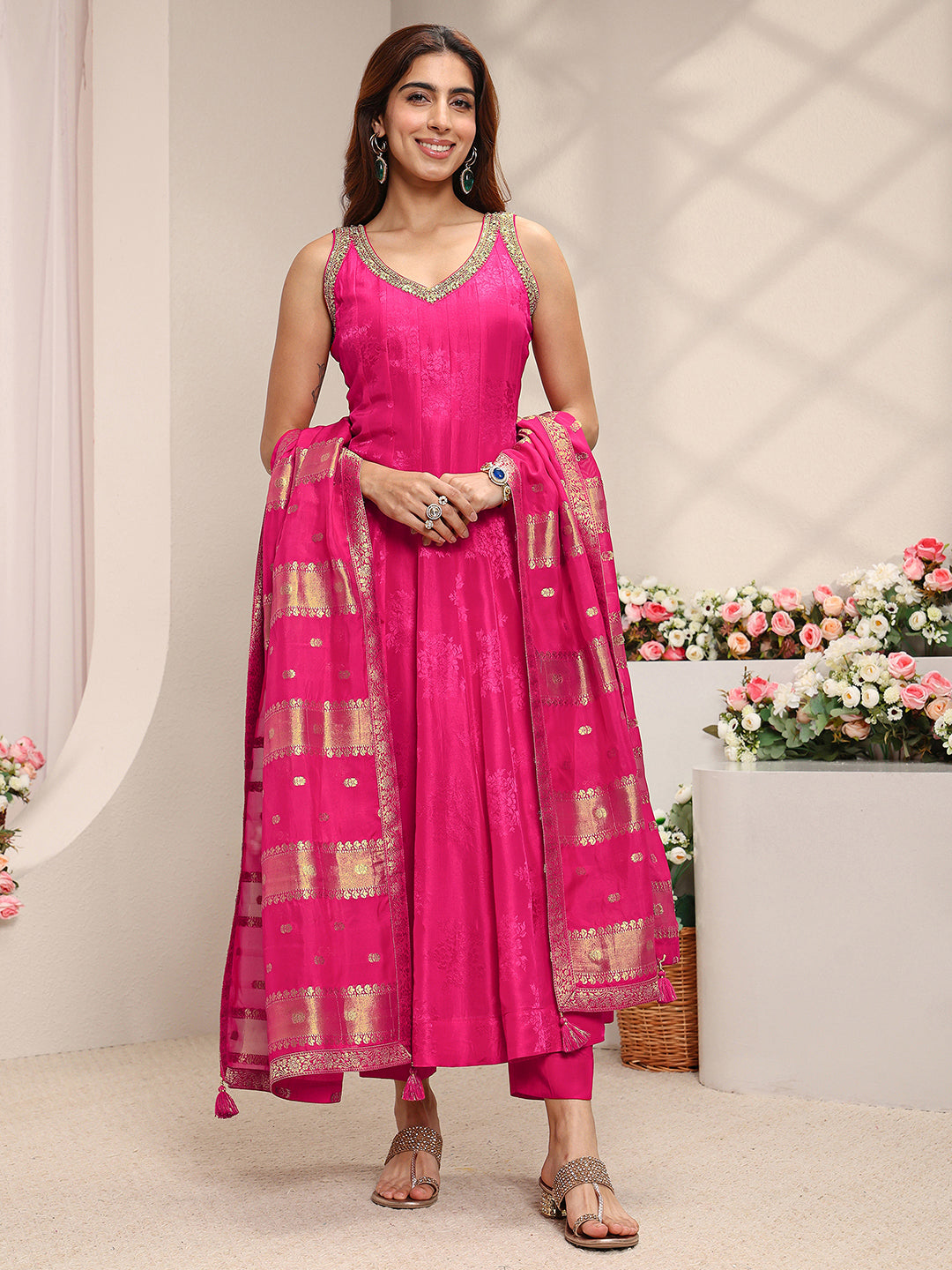 sanjhshringar Art Pink Woven Design Silk Blend A-Line Suit Set With Dupatta
