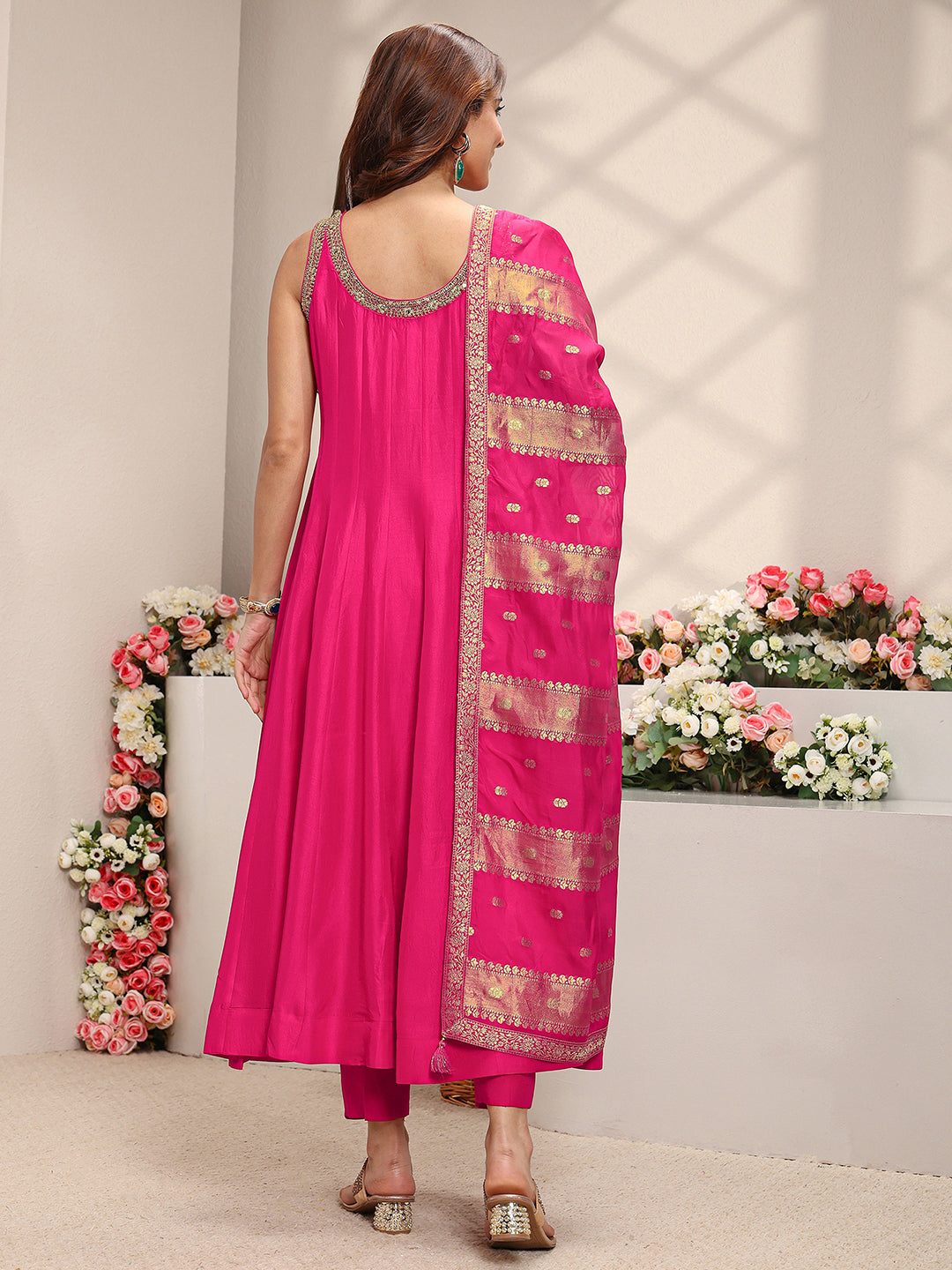 sanjhshringar Art Pink Woven Design Silk Blend A-Line Suit Set With Dupatta