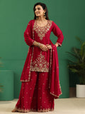 sanjhshringar Crimson Red Paisley Embellished Chinon Palazzo Suit Set