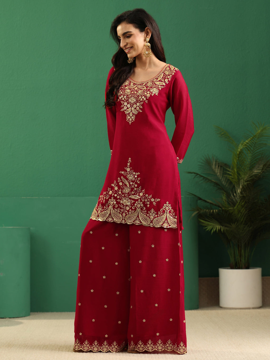 sanjhshringar Crimson Red Paisley Embellished Chinon Palazzo Suit Set