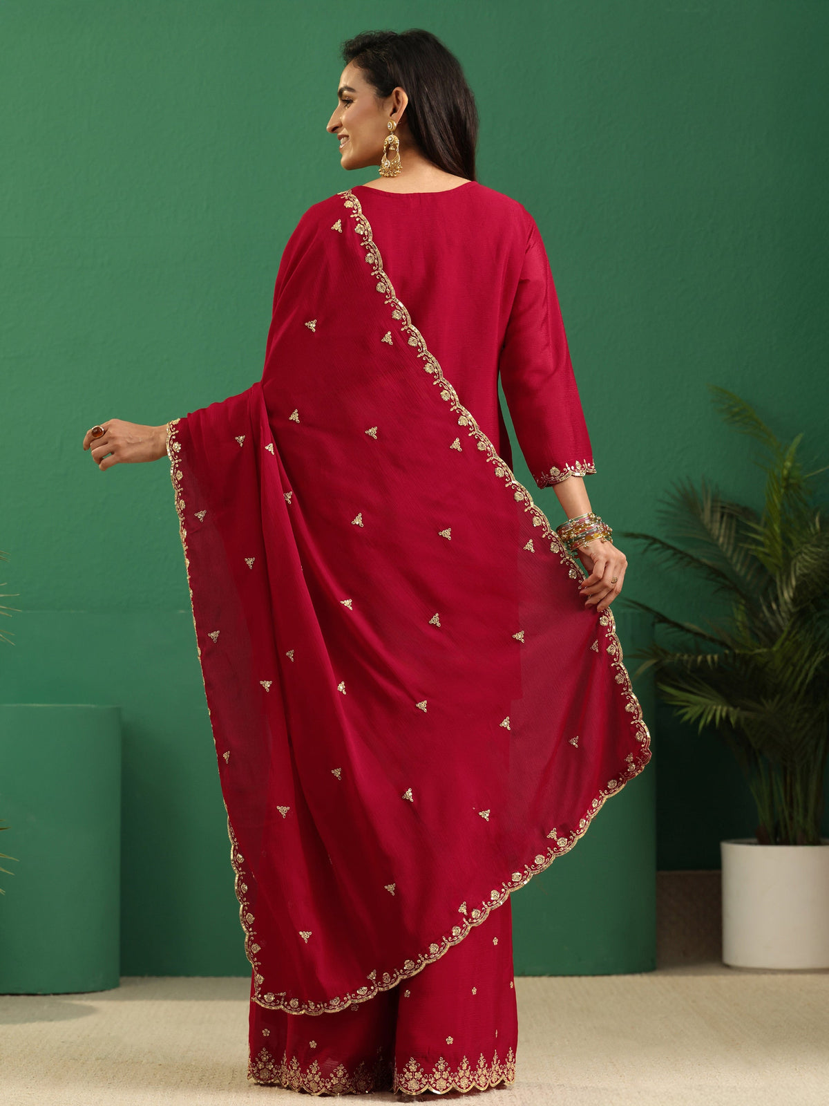 sanjhshringar Crimson Red Paisley Embellished Chinon Palazzo Suit Set