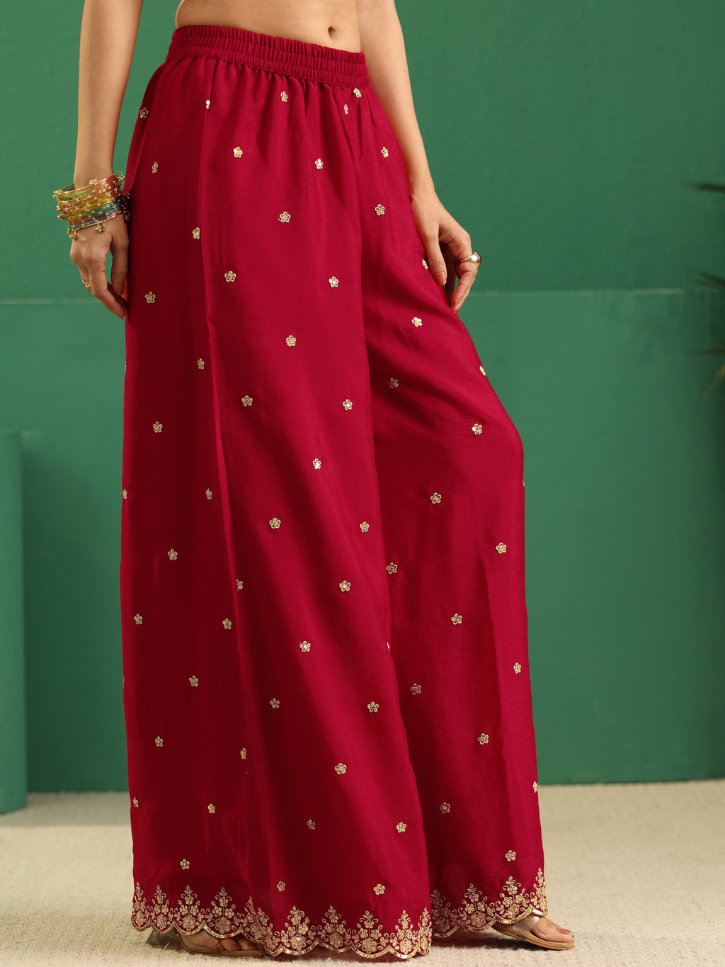 sanjhshringar Crimson Red Paisley Embellished Chinon Palazzo Suit Set