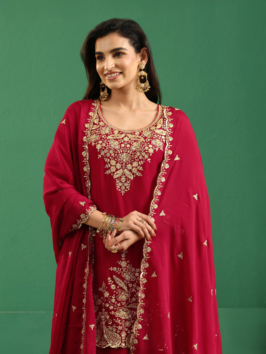 sanjhshringar Crimson Red Paisley Embellished Chinon Palazzo Suit Set