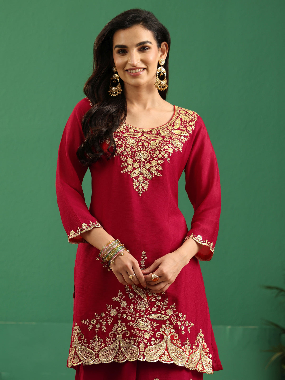 sanjhshringar Crimson Red Paisley Embellished Chinon Palazzo Suit Set